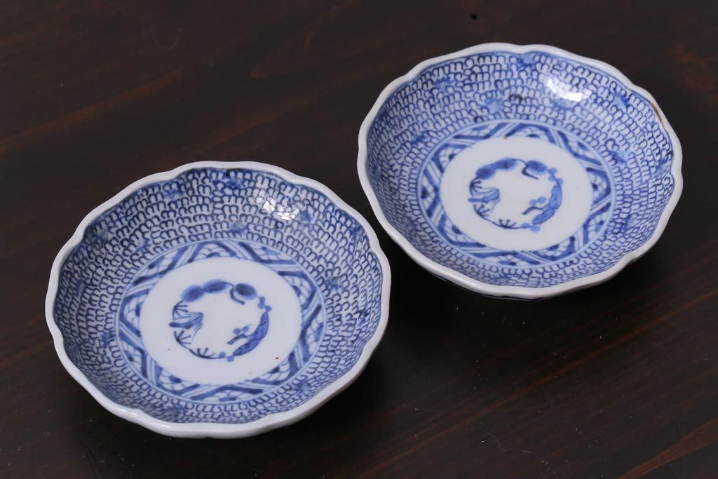 江戸後期　伊万里　成化年製　微塵(みじん)唐草・蛸唐草文　染付小皿2枚セット(和食器)