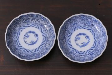 江戸後期　伊万里　成化年製　微塵(みじん)唐草・蛸唐草文　染付小皿2枚セット(和食器)