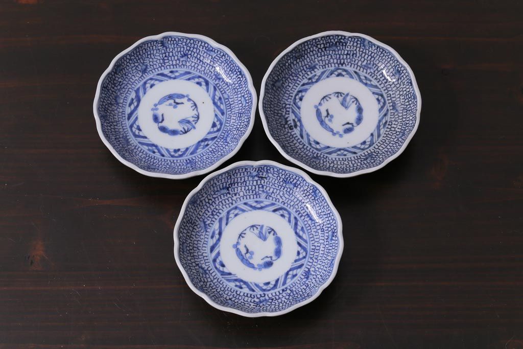 江戸後期　伊万里　成化年製　微塵(みじん)唐草・蛸唐草文　染付小皿3枚セット(和食器)
