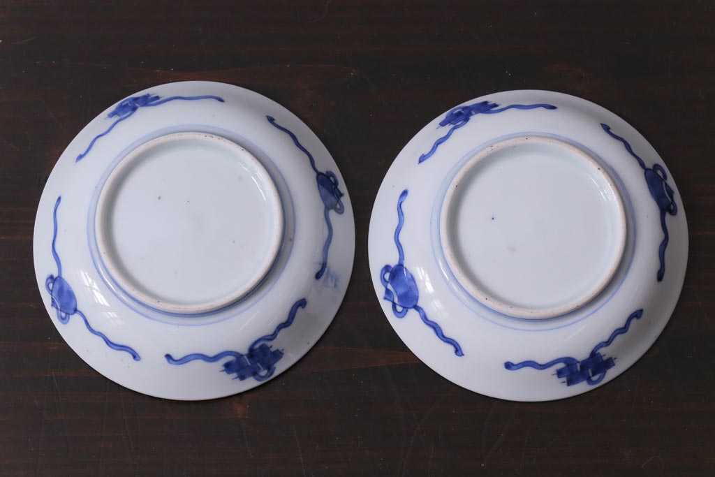 和製アンティーク　幕末　伊万里　五三桐の紋様が描かれた染付小皿2枚セット(和食器)