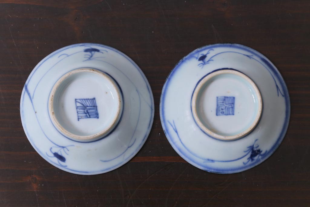 江戸期　中国　花唐草文様　古染付の3寸小皿2枚セット(和食器)