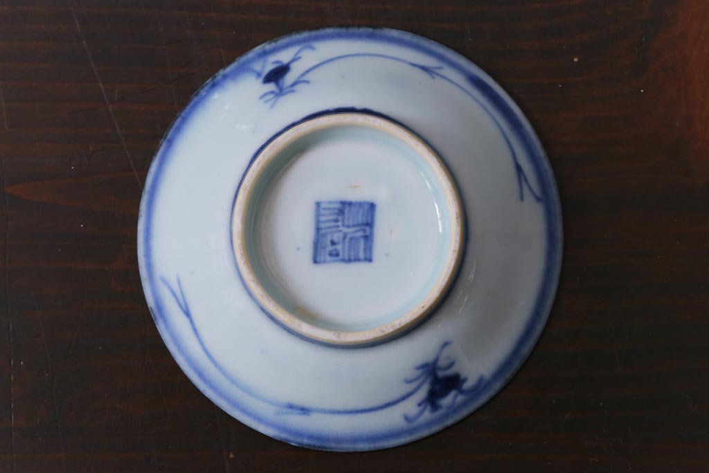 江戸期　中国　花唐草文様　古染付の3寸小皿2枚セット(和食器)