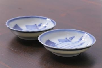 骨董　江戸期　古伊万里　船の図　染付　3.3寸小皿2枚セット(和食器)