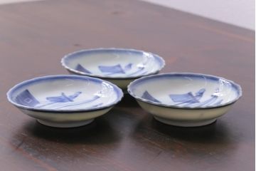 骨董　江戸期　古伊万里　船の図　染付　3.3寸小皿3枚セット(和食器)
