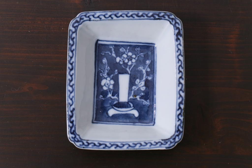 江戸期　梅の図　和の空間を彩るアンティークの染付小皿3枚セット(角皿、和食器)(2)