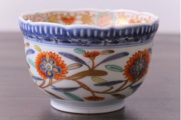 和製アンティーク　江戸期　草花文　色彩鮮やかな色絵の向付(そば猪口、和食器)(1)