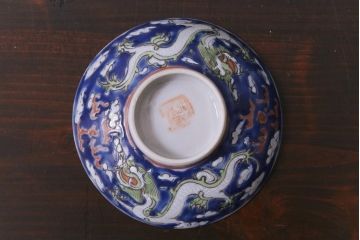 古民具・骨董　龍の図　色絵　独特な絵柄の蓋付き茶碗2客セット(和食器)(3)