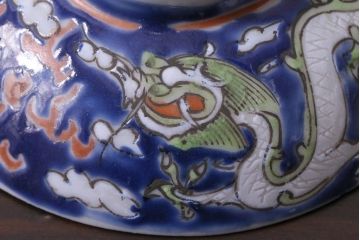 古民具・骨董　龍の図　色絵　独特な絵柄の蓋付き茶碗2客セット(和食器)(3)