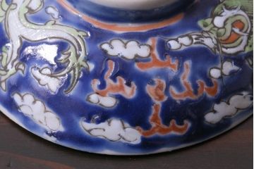 古民具・骨董　龍の図　色絵　独特な絵柄の蓋付き茶碗2客セット(和食器)(3)