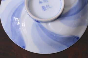 和製アンティーク　江戸期　成化年製　染付三色ねじり文蓋付茶碗3客セット(和食器)
