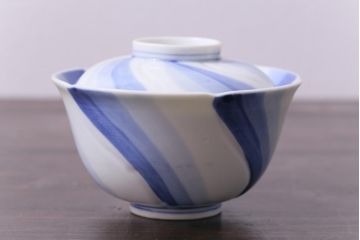 和製アンティーク　江戸期　成化年製　染付三色ねじり文蓋付茶碗3客セット(和食器)