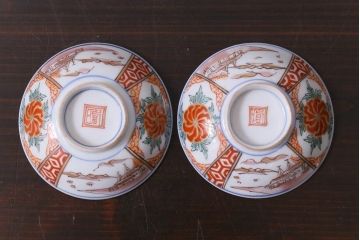 和製アンティーク　古伊万里　江戸期　華やかな色絵染付の蓋つき茶碗2客セット(和食器)
