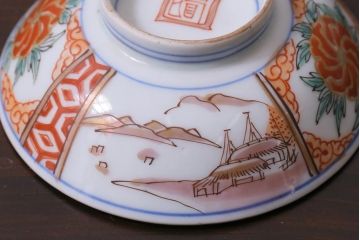 和製アンティーク　古伊万里　江戸期　華やかな色絵染付の蓋つき茶碗2客セット(和食器)