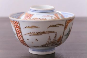 和製アンティーク　古伊万里　江戸期　華やかな色絵染付の蓋つき茶碗2客セット(和食器)
