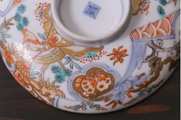 和製アンティーク　花鳥図　上品で鮮やかな色合いの蓋付き茶碗3客セット(和食器)