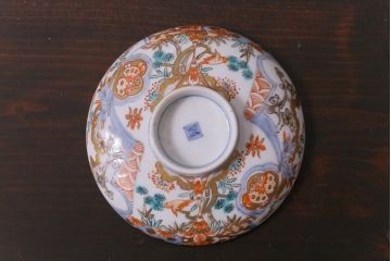 和製アンティーク　花鳥図　上品で鮮やかな色合いの蓋付き茶碗3客セット(和食器)