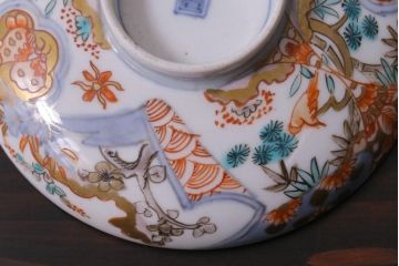 和製アンティーク　花鳥図　上品で鮮やかな色合いの蓋付き茶碗3客セット(和食器)