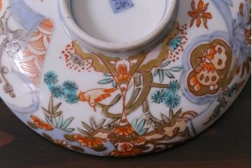 和製アンティーク　花鳥図　上品で鮮やかな色合いの蓋付き茶碗3客セット(和食器)