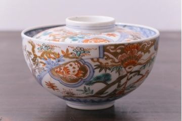 和製アンティーク　花鳥図　上品で鮮やかな色合いの蓋付き茶碗3客セット(和食器)