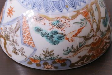 和製アンティーク　花鳥図　上品で鮮やかな色合いの蓋付き茶碗3客セット(和食器)