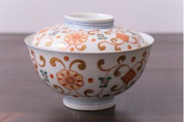 古民具・骨董　江戸期　上品な雰囲気の色絵蓋付茶碗(和食器)3客セット