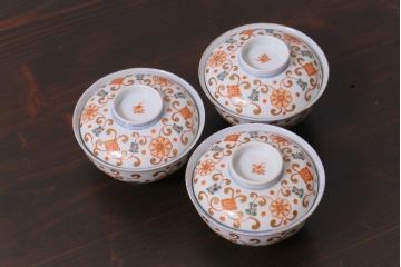古民具・骨董　江戸期　上品な雰囲気の色絵蓋付茶碗(和食器)3客セット