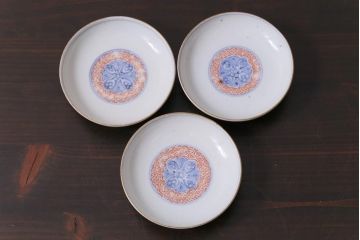 古民具・骨董　江戸期　上品な雰囲気の色絵蓋付茶碗(和食器)3客セット