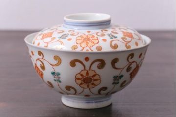 古民具・骨董　江戸期　上品な雰囲気の色絵蓋付茶碗(和食器)3客セット