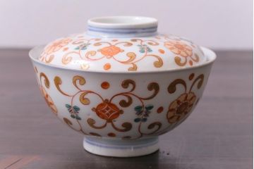 古民具・骨董　江戸期　上品な雰囲気の色絵蓋付茶碗(和食器)3客セット