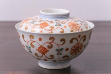 古民具・骨董　江戸期　上品な雰囲気の色絵蓋付茶碗(和食器)3客セット