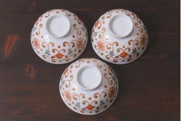 古民具・骨董　江戸期　上品な雰囲気の色絵蓋付茶碗(和食器)3客セット