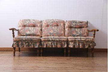 中古　飛騨産業　キツツキ　絵画のようなファブリックが素敵な3人掛けソファ
