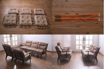 中古　飛騨産業　キツツキ　絵画のようなファブリックが素敵な3人掛けソファ