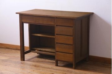 レトロ家具　昭和レトロ　ナラ材　渋みのある木の風合いがレトロな薄型片袖デスク(机、在宅ワーク、在宅用作業台、カウンターテーブル)(1)