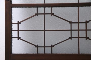 昭和レトロ　腰板ケヤキ材　ダイヤガラス入り　珍しい桟のデザインのガラス戸(引き戸、建具)2枚セット