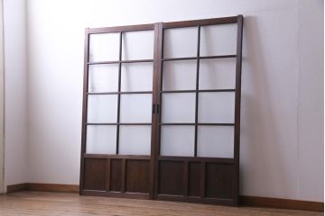 昭和レトロ　シンプルな格子に2種のガラスが入ったガラス戸(引き戸、建具)2枚セット