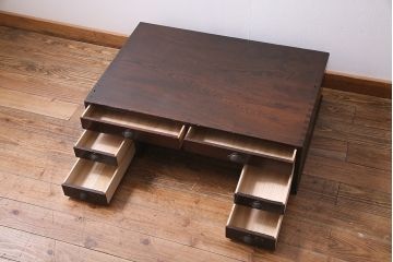 アンティーク家具　大正昭和初期　総ケヤキ材　天板に一枚板が贅沢に使われた両袖文机(両袖机、帳場机)(R-035827)