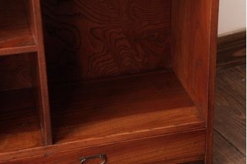 アンティーク家具　和製アンティーク　三方ケヤキ材　引き出し付き　小振りな収納棚(ブックシェルフ、本棚)