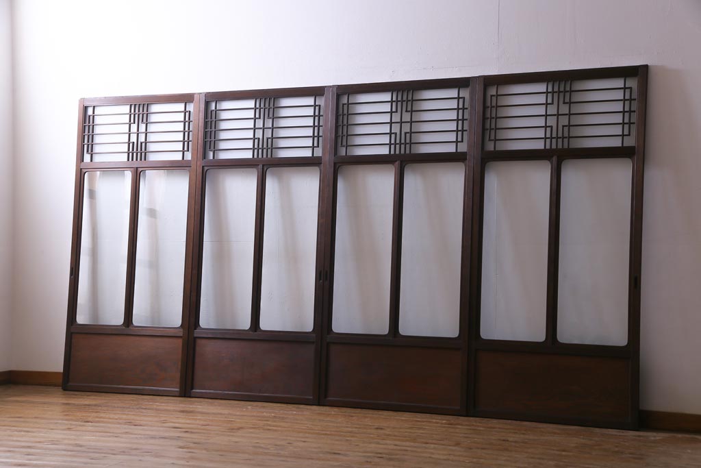 昭和初期　幾何学模様の組子が大正ロマンな雰囲気漂うガラス戸4枚セット(引き戸、建具)