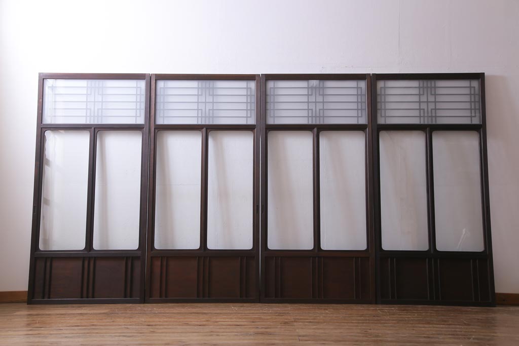 昭和初期　幾何学模様の組子が大正ロマンな雰囲気漂うガラス戸4枚セット(引き戸、建具)