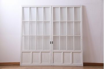 昭和初期　ダイヤガラス　フレンチナチュラルにもぴったりなペイントガラス戸2枚セット(引き戸、建具)
