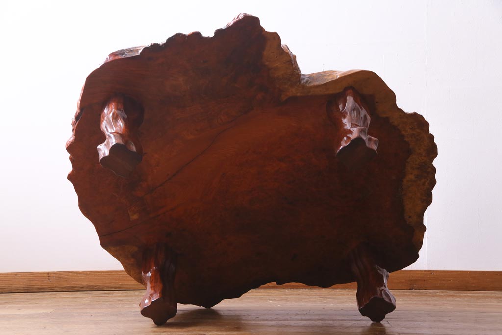 アンティーク家具　昭和中期　カリン材(花梨材)　鳥眼杢　縁の木肌が迫力を放つ座卓(ローテーブル)