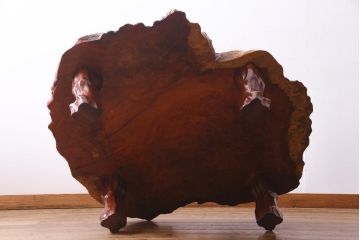 アンティーク家具　昭和中期　カリン材(花梨材)　鳥眼杢　縁の木肌が迫力を放つ座卓(ローテーブル)