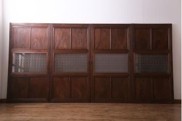 和製アンティーク　激レア!　ケヤキ材　重厚感と繊細な技が楽しめる組子入り板戸(引き戸、ガラス帯戸、建具)4枚セット