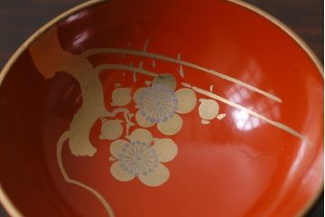 和製アンティーク　箱付き　木製　蒔絵　図変わり盃5つセット(漆器)