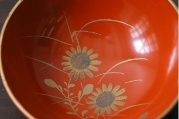 和製アンティーク　箱付き　木製　蒔絵　図変わり盃5つセット(漆器)