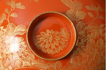 和製アンティーク　仙才型　沈金　蝶と菊　木製　蓋付きお椀6個セット(漆器)