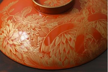 和製アンティーク　仙才型　沈金　蝶と菊　木製　蓋付きお椀7個セット(漆器)