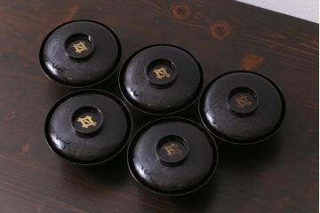 和製アンティーク　蒔絵　鴨　和モダンな蓋付き椀5つセット(お椀、漆器)(1)