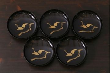 和製アンティーク　蒔絵　鴨　和モダンな蓋付き椀5つセット(お椀、漆器)(1)